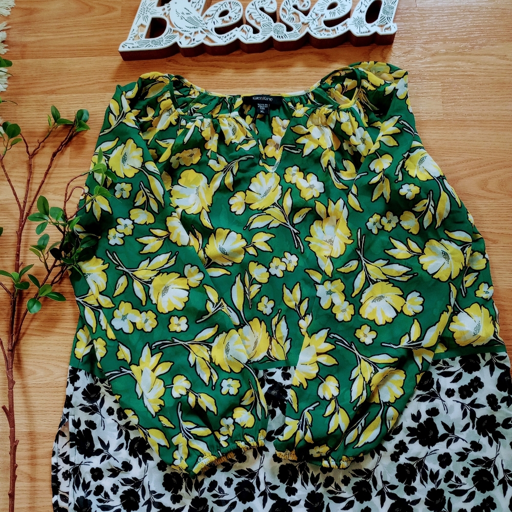 Karen Kane green/yellow citrus floral chiffon peasunt tunic blouse top size XL - Picture 4 of 13